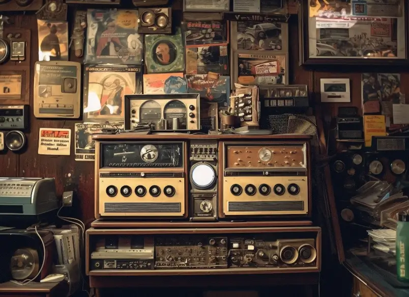 Rádios antigos e fotos na parede ilustrando a nostalgia e a memória afetiva para o artigo "A Memória Afetiva… Aquela Vadia"
