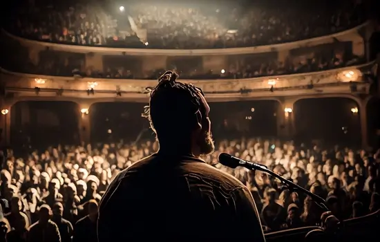 Imagem de um música em olhando para a plateia em um show