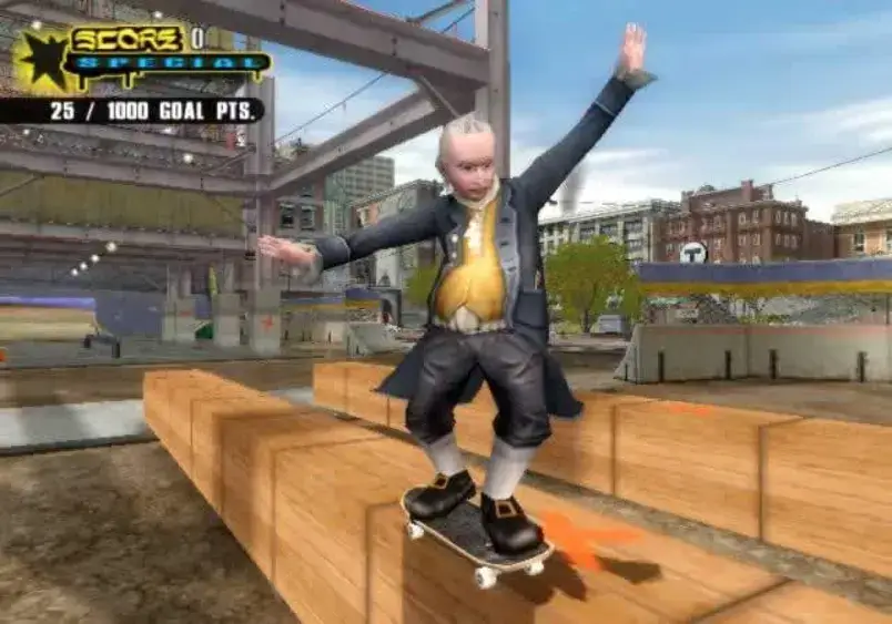 Personagem Benjamin Franklin fazendo uma manobra no game Tony Hawk's Undergroud 2