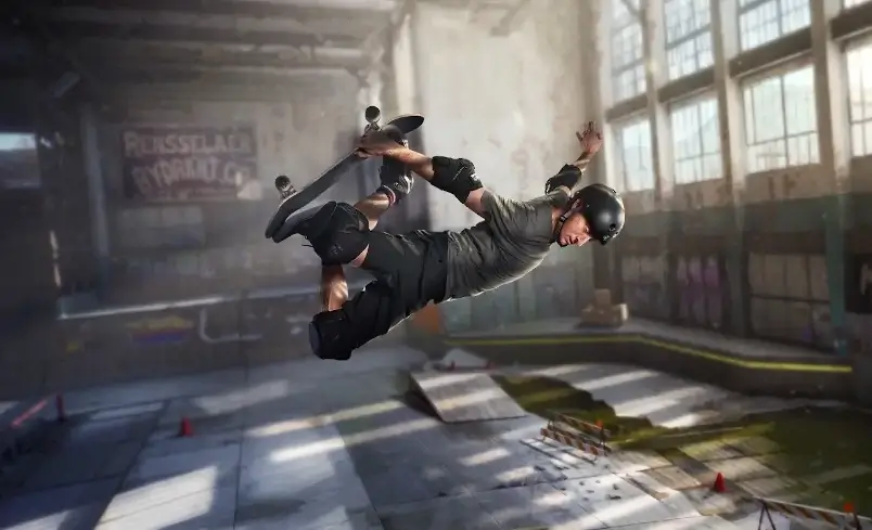 Tony Hawk fazendo uma manobra de skate em um cenário do jogo Tony Hawk’s Pro Skater