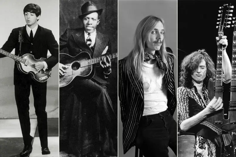 Fotos do Paul McCartney, Robert Johnson, Tom Petty e Jimmy Page. Ilustra os artigos sobre Lendas Urbanas de Músicas Famosas